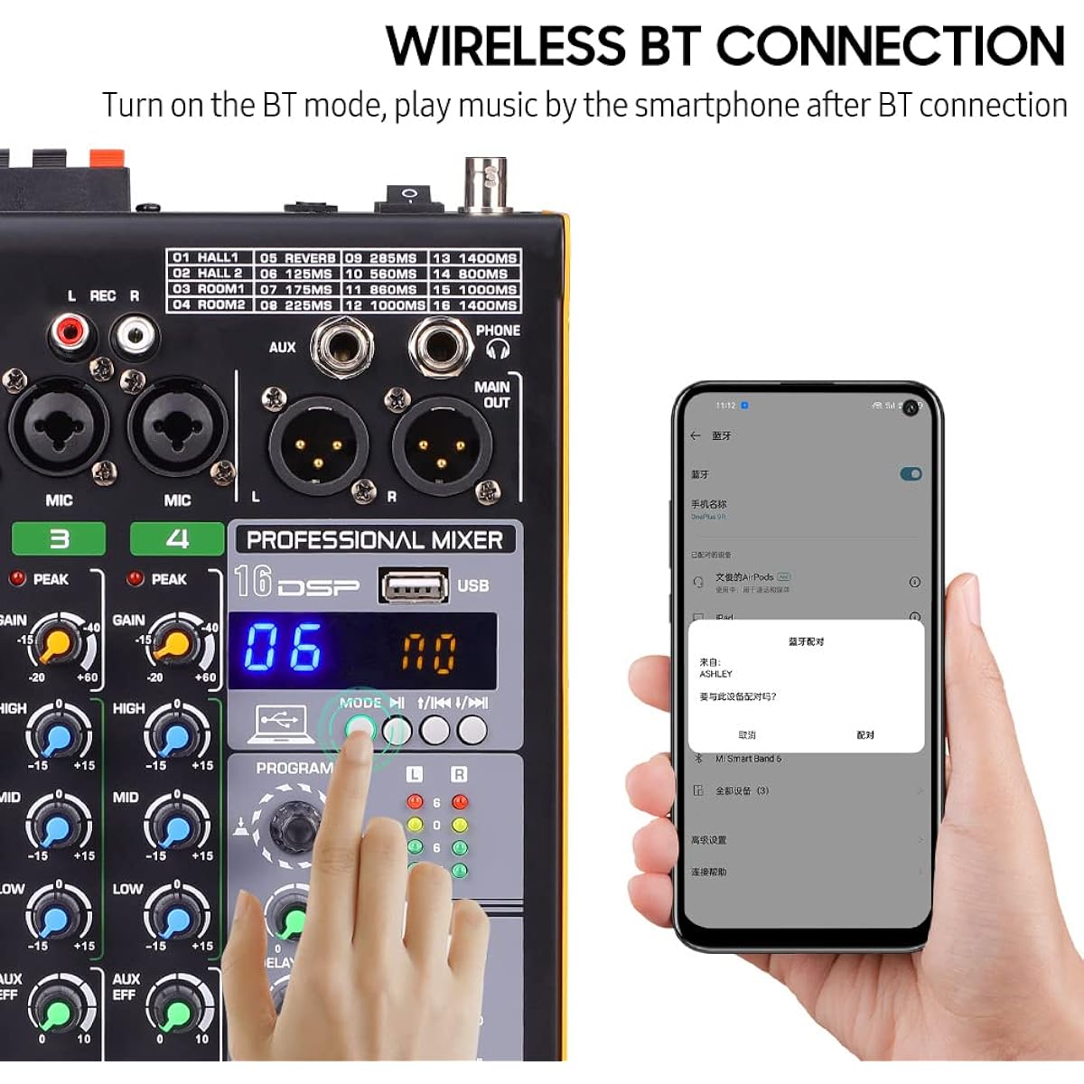 Audio Mixer, Yueou Professional 4 Channel BT Audio Mixer with 2 Microphones LED Digital Mixing Console Built-in Amplifier with USB Connection 3 Band EQ Reverb Adjustment Bar DSP Recording Function for Concert Outdoor Performance Wedding