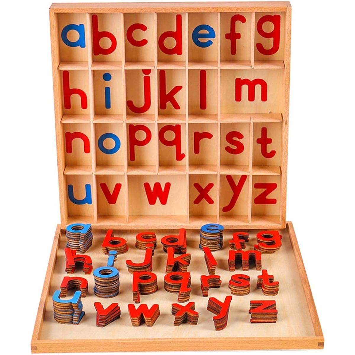 Kghios Montessori Wooden Small Movable Alphabet Box and Large Mat Kindergarten Spelling Learning Language Teaching Toy (Red & Blue)