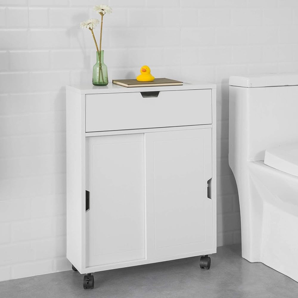 SoBuy Toilet Rack Toilet Storage Slim Gap Storage with Casters Brush Storage Toilet Paper Stocker Thin Scandinavian Style Stylish Gap Storage Slim Toilet Shelf (BZR31-W/Width 52 x Depth 17 x Height 67cm)