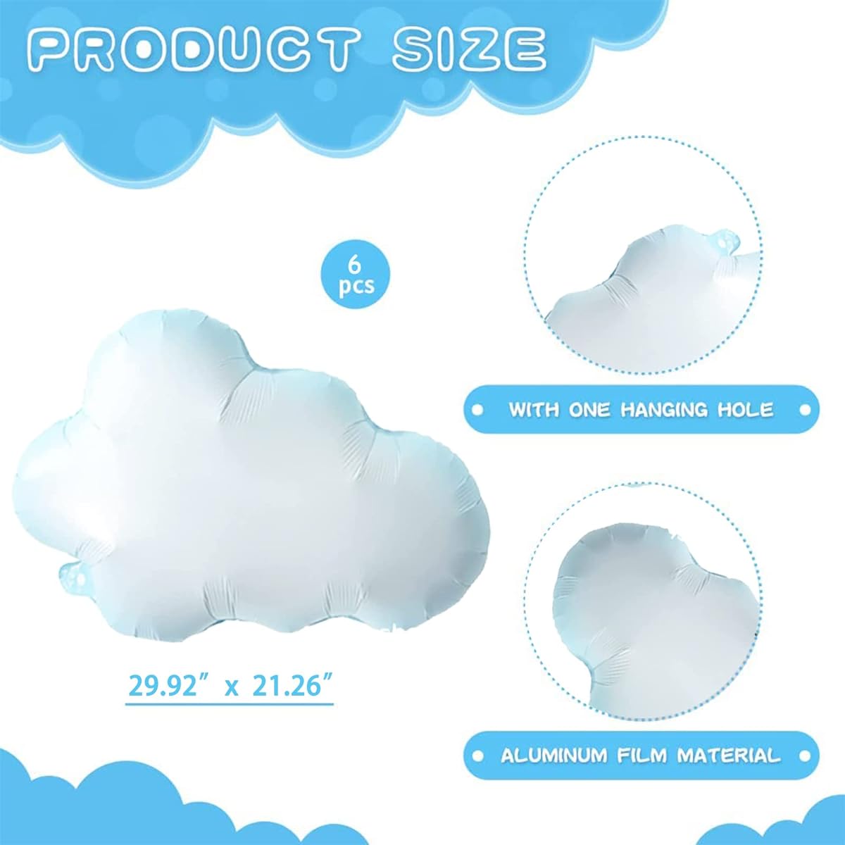 6pcs White Cloud Foil Balloons Birthday Baby Shower Theme Party Decoration Supplies