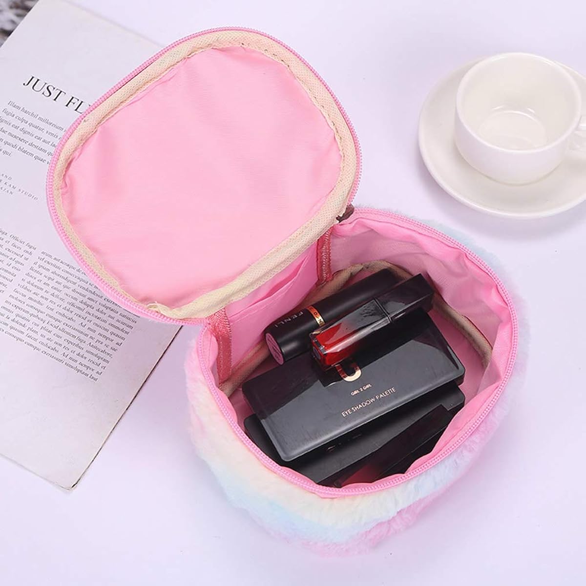 Women Girls Kids Fluffy Faux Fur Unicorn Makeup Bag Small Cosmetic Organizer Plush Travel Storage Bag Toiletry Kit Case Rainbow