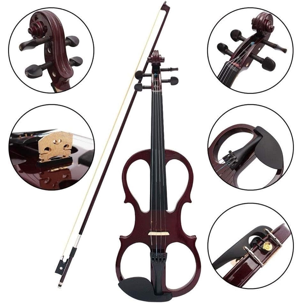 Violin 4/4 Wood Maple Electric Violin Fiddle String Instrument with Ebony Joint Cable Headphone Case (Color : Burgundy)