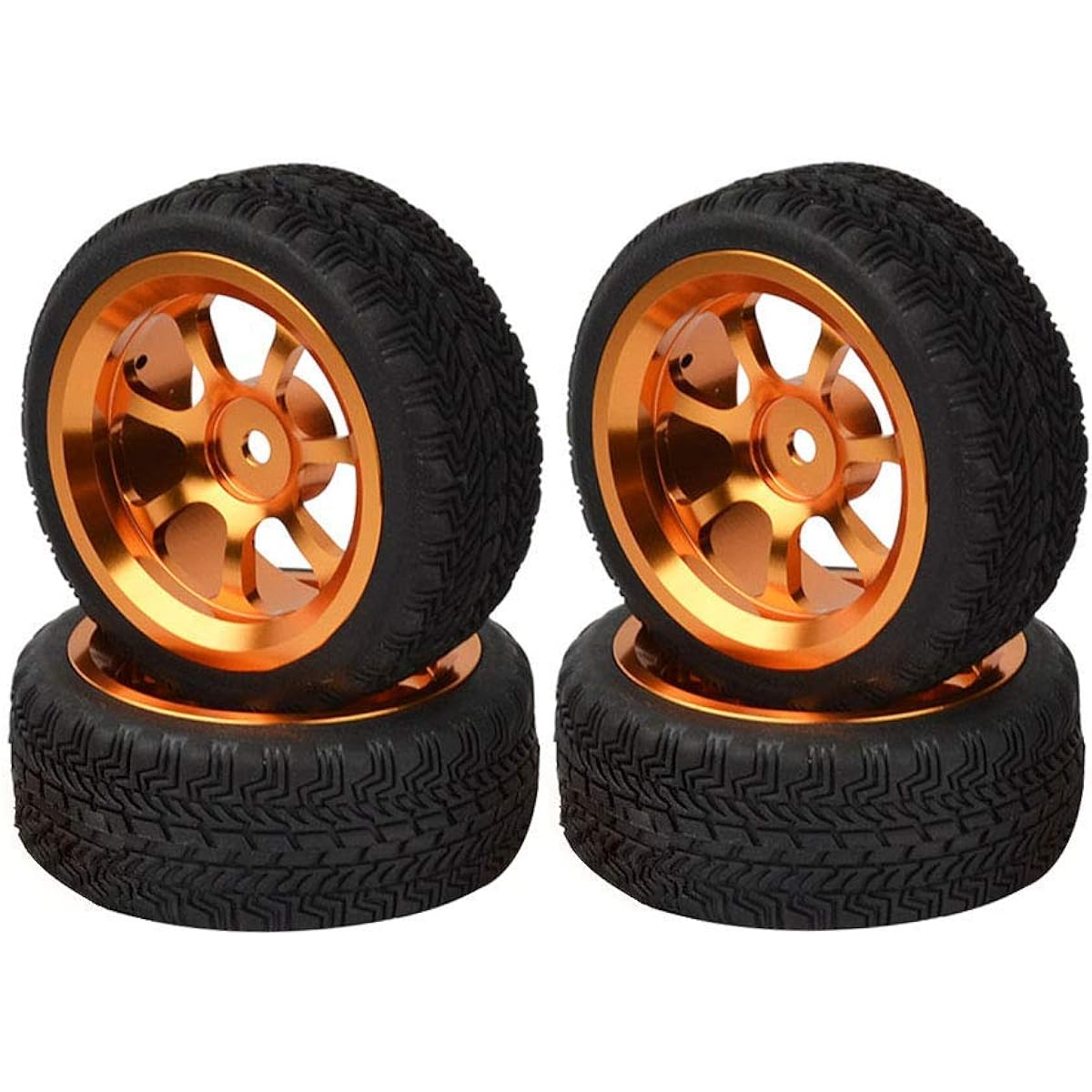 WONFAST 4 Pieces 1:10 Aluminum Alloy On-Road 7 Spoke Metal Wheel Rims with Rubber Tires 1/10 RC HSP HPI RC Drift Racing Car HSP HPI Parts WFSJ0100tireset