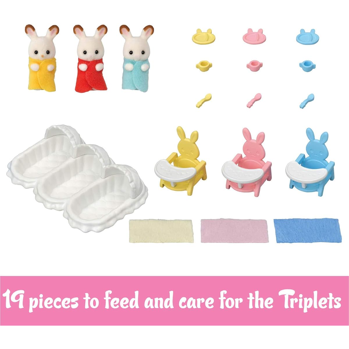 Calico Critters Triplet Care Set Dollhouse Playset with 3 Hopscotch Rabbit Figures and Accessories