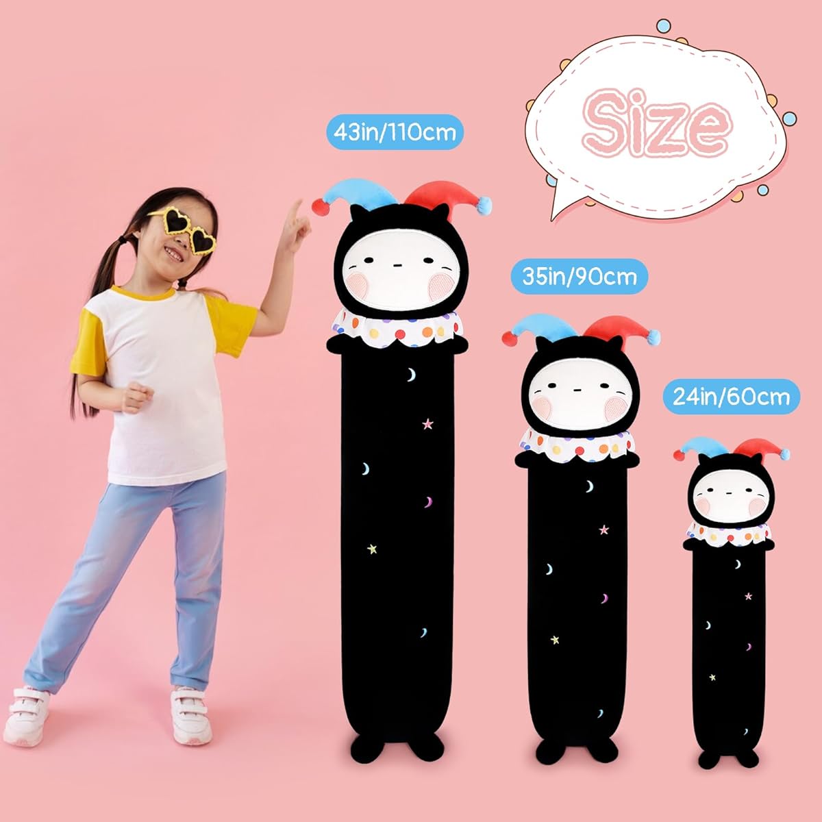 Long Cat Plush Toy Pillow Cute Halloween Clown Plush Toy Long Cat Throw Pillow Cute Stuffed Animal Clown Cat Plush Toy for Kids Boys Girls (Black 110cm/43inch)