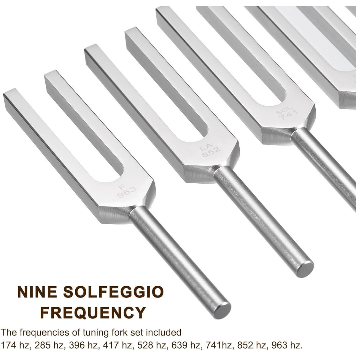 MECCANIXITY Tuning Fork Set 9 Pieces Tuning Fork Aluminum Alloy Musical Instrument Treatment Yoga Sound Test Tuning Fork Tool Set Violin Guitar Tuner Device Silver with Rubber Mallet and Bag