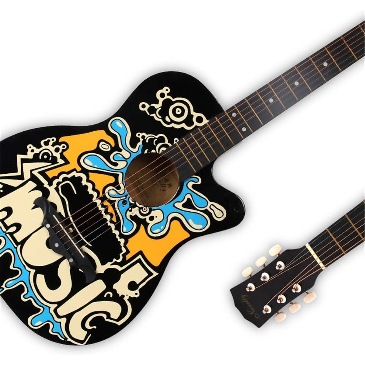 Acoustic Guitar 38 Inch Guitar Folk Character Graffiti Acoustic Guitar Beginners Practice Guitar Classic Guitar (Color: Khaki, Size: 38 inches)