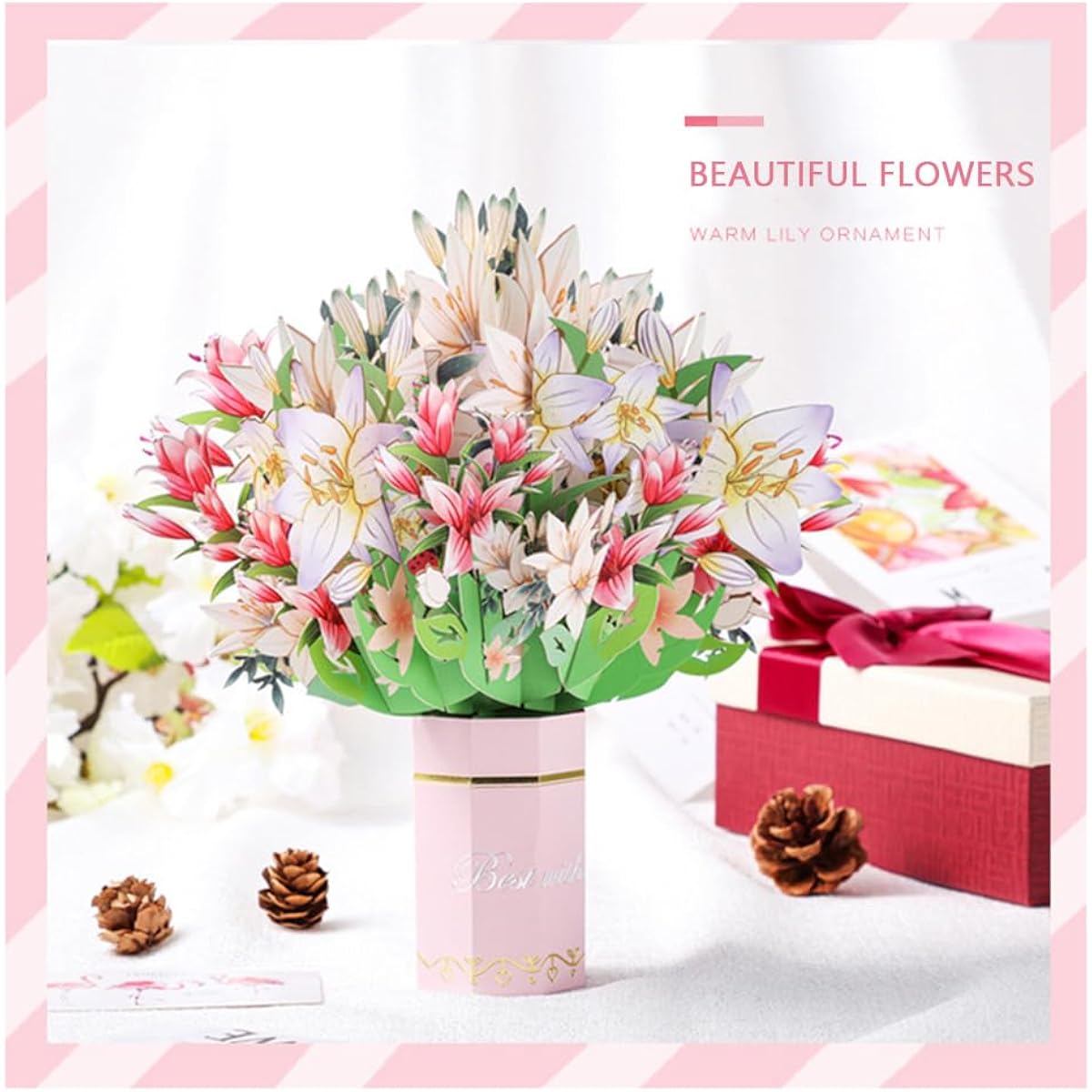 TANZOIJI 3D Pop Up Birthday Greeting Cards Paper Flower Pop Up Card Bouquet Get Well Gifts Instant Birthday Cards for Women Mom (Lily)