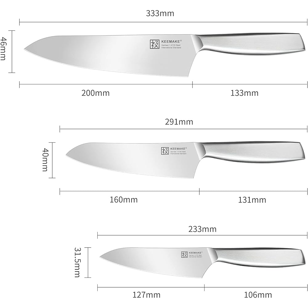 KEEMAKE Knife Set, Santoku Knife, Stainless Steel 203mm, 160mm, 130mm, Dishwasher Safe, All-Purpose Knife, Multifunctional, Left-Handed Knife, Bread Knife, Meat Cutting, Vegetable Cutting, Fish Cutting, Kitchen Utensils, Present, Gift