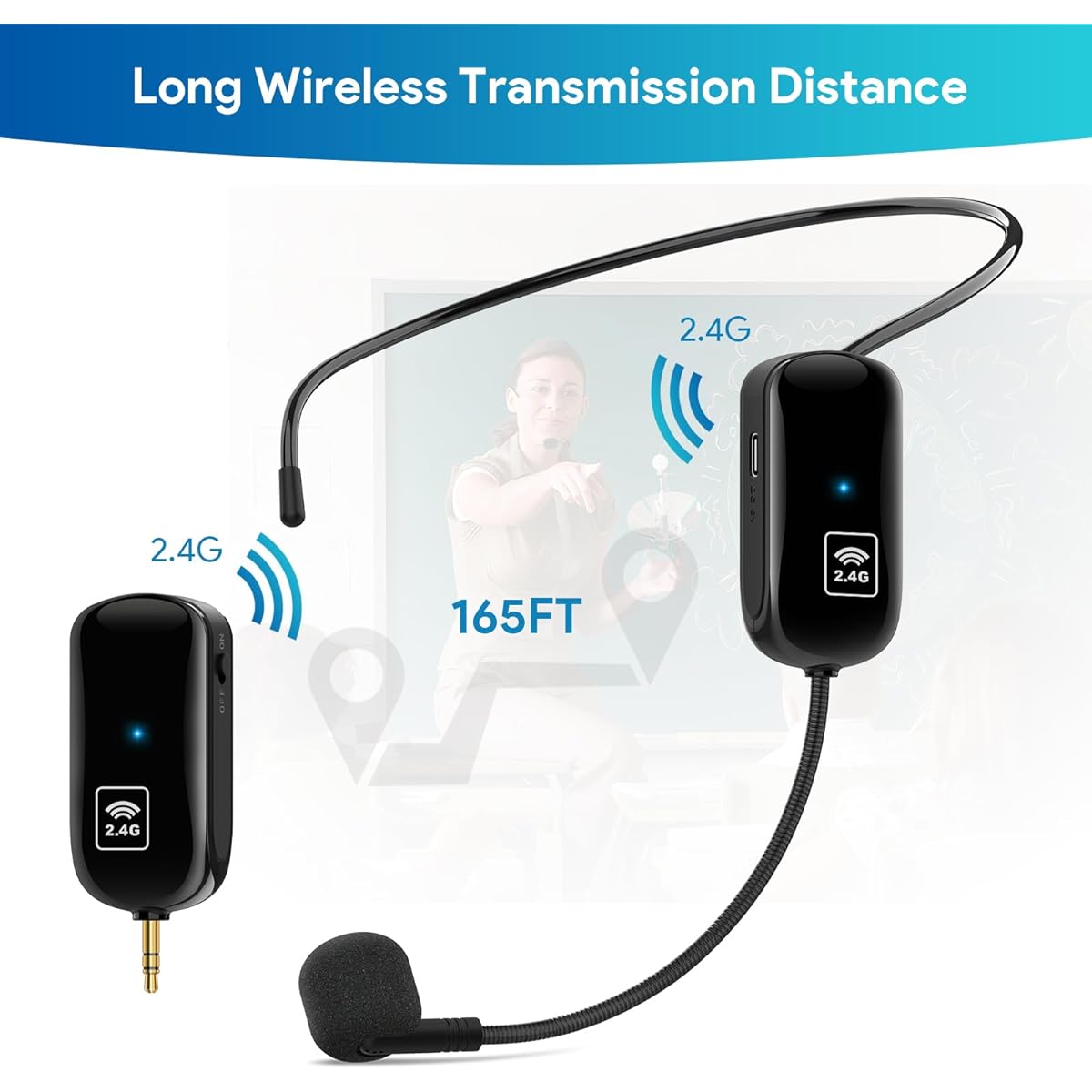 1mii Long Range Wireless Microphone,Wireless Headset Mic System, 165ft Range, 2.4G Wireless Microphone 2 in 1, Fitness Microphone Headset for Speakers, Voice Amplifier, PA Speakers