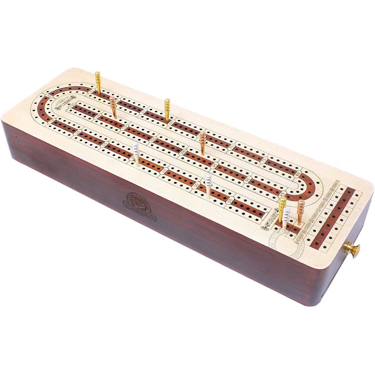 House of Cribbage Continuous Cribbage Board Alphabet E-Shape with Maple and Bloodwood Inlay and Storage Drawer for Pegs and Cards, 3 Tracks