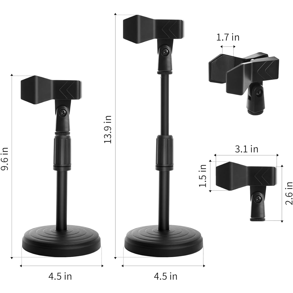 Desk Microphone Stand - Upgraded Adjustable Table Microphone Stand with Mic Clip Fits Microphones up to 1.7" Diameter - Height 9.6" to 13.9"
