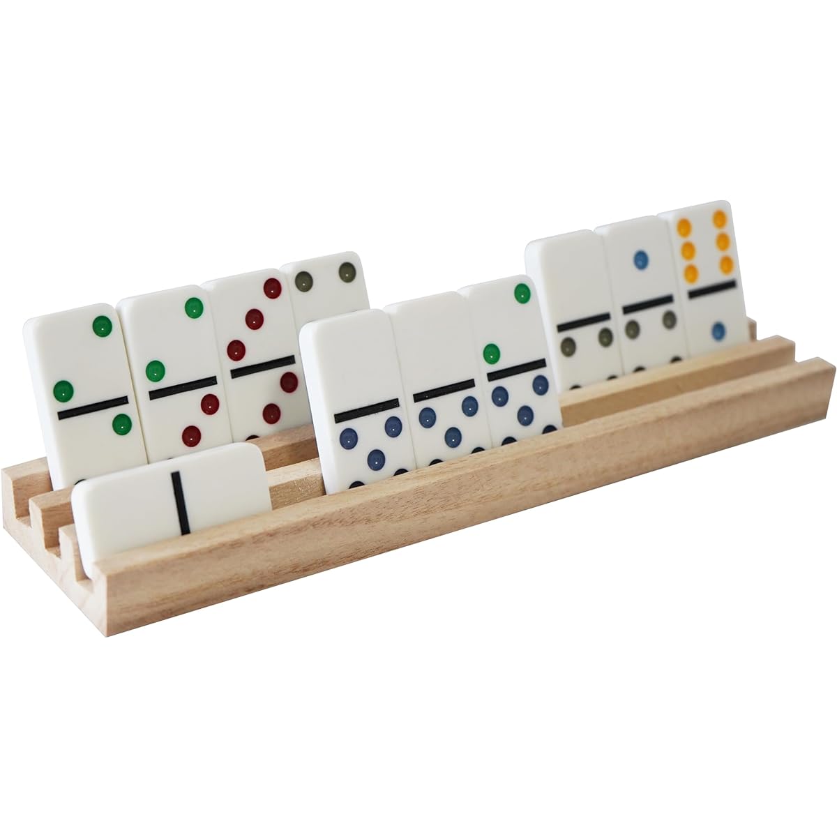 DNB Wooden Domino Rack – Set of 4 Domino Tile Trays, 3 Slots Per Tray – Domino Holder for Domino Games – Dominoes Not Included, Wood Color