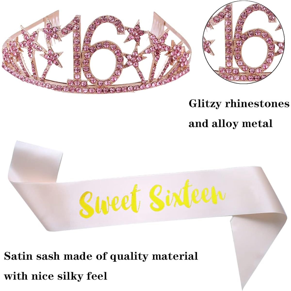 16th Birthday Sash and Tiara Set Birthday Girl Crown Tiara Women's 16th Birthday Party Souvenir Supplies Pink Crown Pink Sash