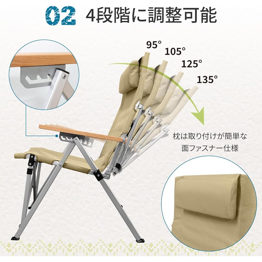 KOHAMI Outdoor Chair Deck Chair Folding 4-Stage Reclining Pillow Back Pocket Lightweight (Black)