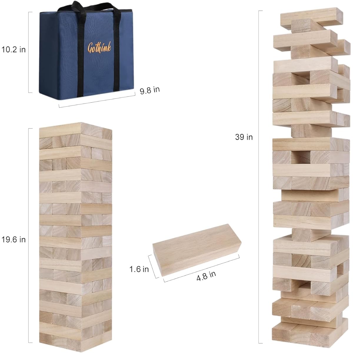 GOTHINK Get Ready for Fun Jumbo Wooden Tumbling Tower Game Over 3.2 Feet Tall with Carrying Case Perfect for Outdoor Parties and Family Game Nights