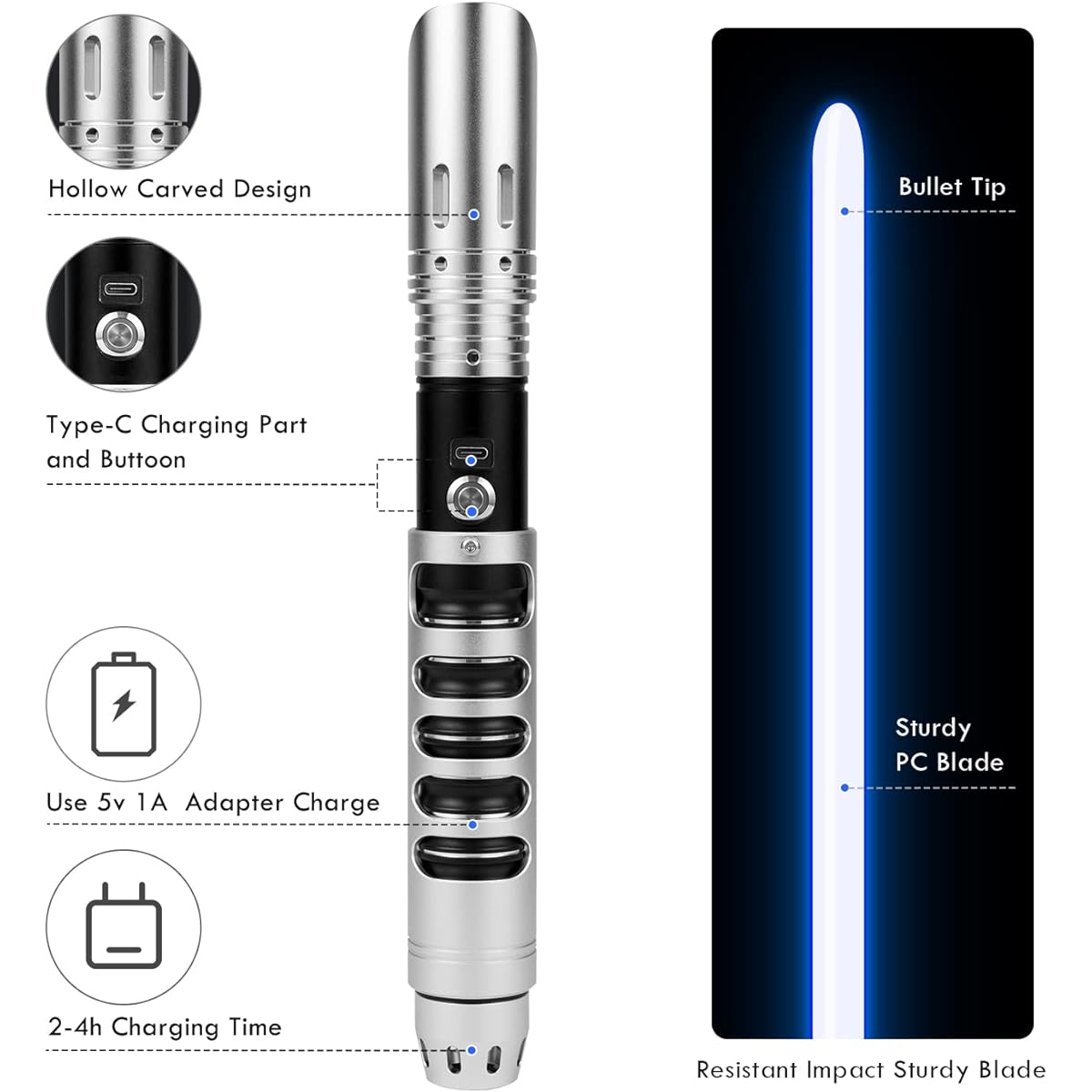 CVCBSER Dueling Lightsaber 15 Color Changeable 12 Mode Sound Effects Premium Metal Handle Sturdy Blade Lightsaber (Silver)