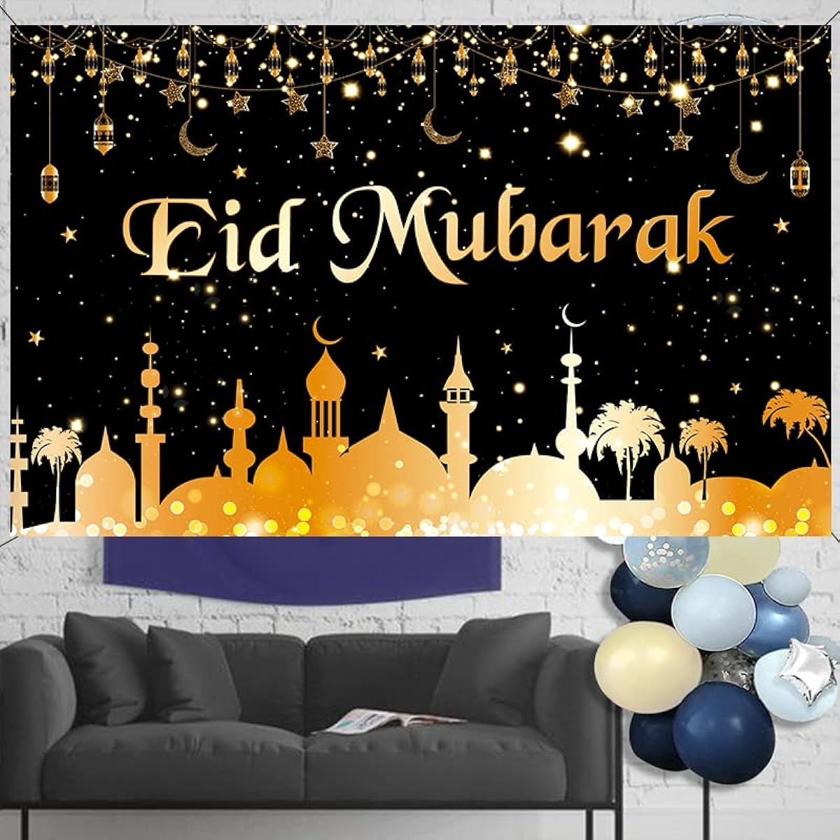 LOONELO Large Eid Mubarak Banner, Eid Mubarak Backdrop 70.8" x 43.3", Islamic Ramadan EID Mubarak Hanging Sign, Islamic Eid Mubarak Decorations for Eid Al Adha Hagee Festival Party