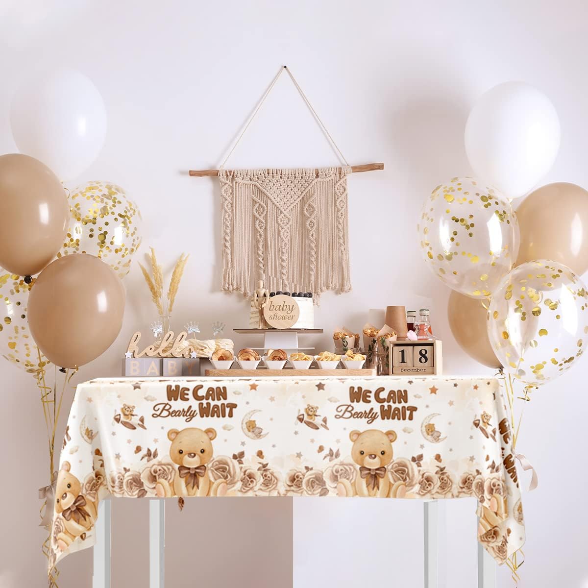 Bear Baby Shower Tablecloth - 3 Pieces We Can Bearly Wait Table Cover Neutral Bear Theme Party Supplies for Birthday Parties and Boys Girls Gender Reception