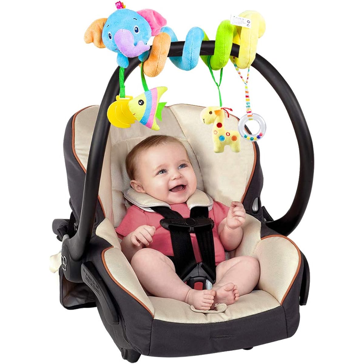 Caterbee Baby Car Seat Toy Activity Spiral Plush Stroller Bar Toy Hanging Crib Toy with Rattle Boy or Girl (Elephant)