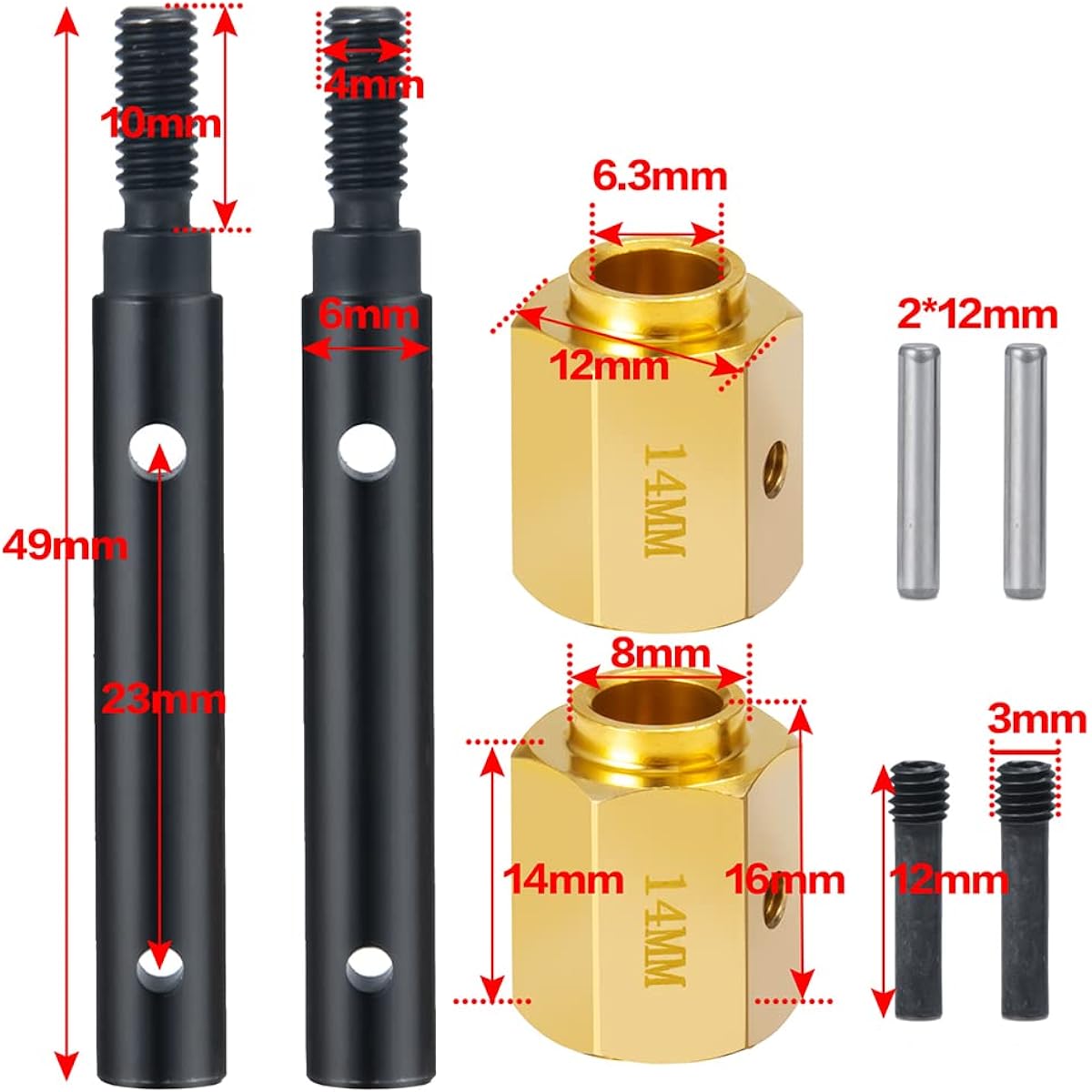 Benedict Harry Blass Expansion Wheel Hub Hex Pin +14.5 Steel Stub Axle (Portal Drive) Expansion Set for TRX-4 Defender