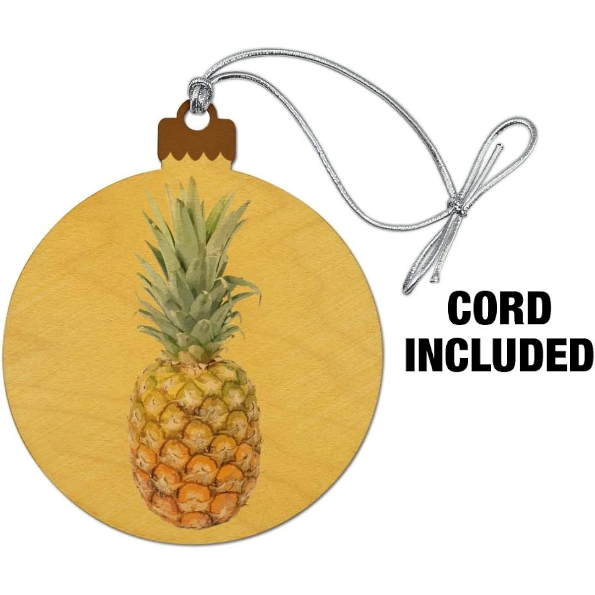 Pineapple fruit wood Christmas tree holiday ornaments on yellow tropical background