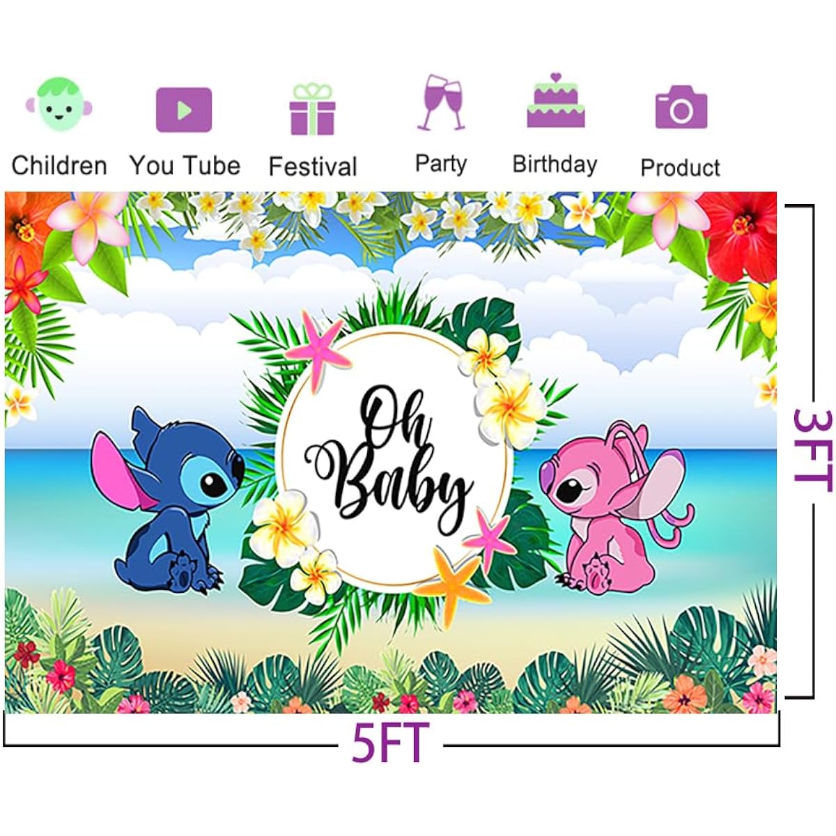 Stitch and Angel Gender Reveal Backdrop Summer Hawaii Oh Baby Shower Banner Party Decorations Supplies 5x3ft