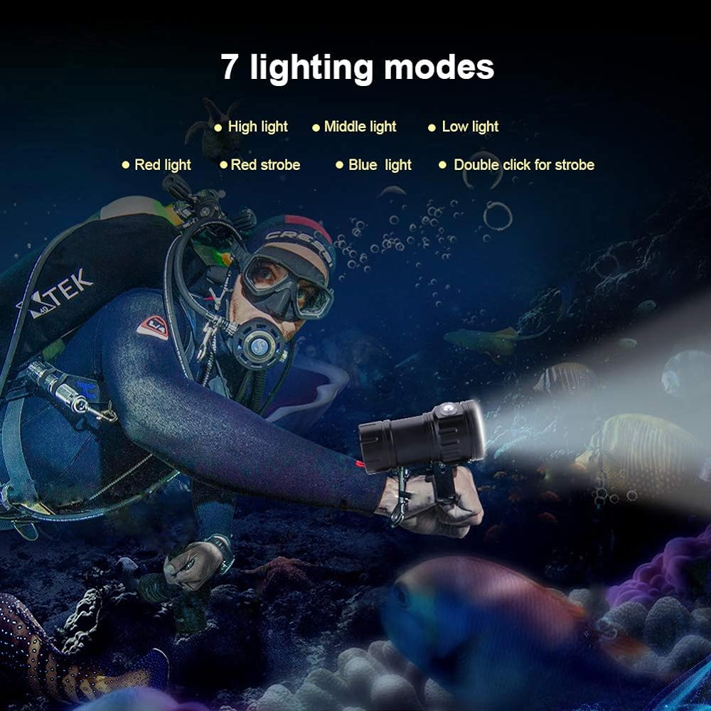 Underwater Diving Flashlight, 18000LM IP68 Waterproof Diving Light, 120° Super Wide Diving Photography Light, Battery Powered Lamp Light, Adjustable Brightness and Lighting Mode