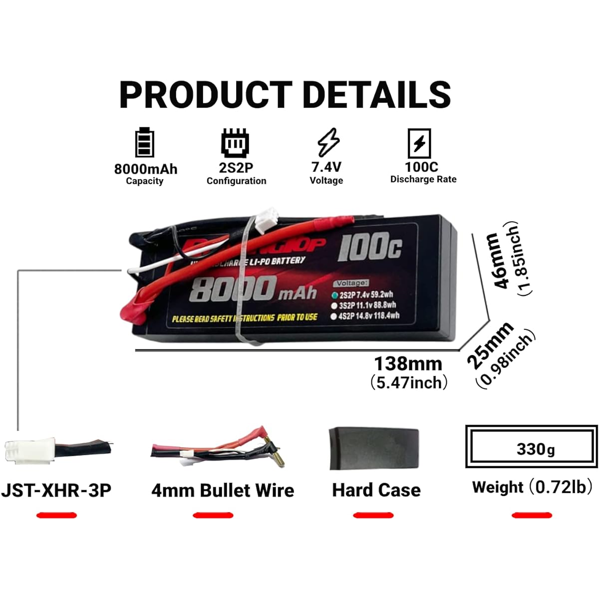 ROARINGTOP 2s 8000mAh Lipo Battery 7.4V 100C Hard Case Lipo Battery Pack 4mm Barrett Dean Style with T Plug for 1/8 1/10 RC Car Model Traxxas Slash Buggy Team Associated