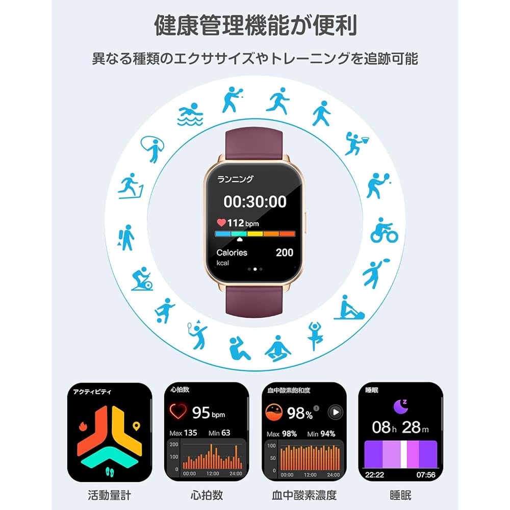 Smart Watch Compatible with iPhone/Android, Bluetooth Call Function, 1.85 inch Large Screen, Wristwatch, Pedometer, Smart Watch, Incoming Call Notification, IP68 Waterproof, Alarm, Timer, Stopwatch, Weather Forecast, 100+ Exercise Modes, Technical Compli