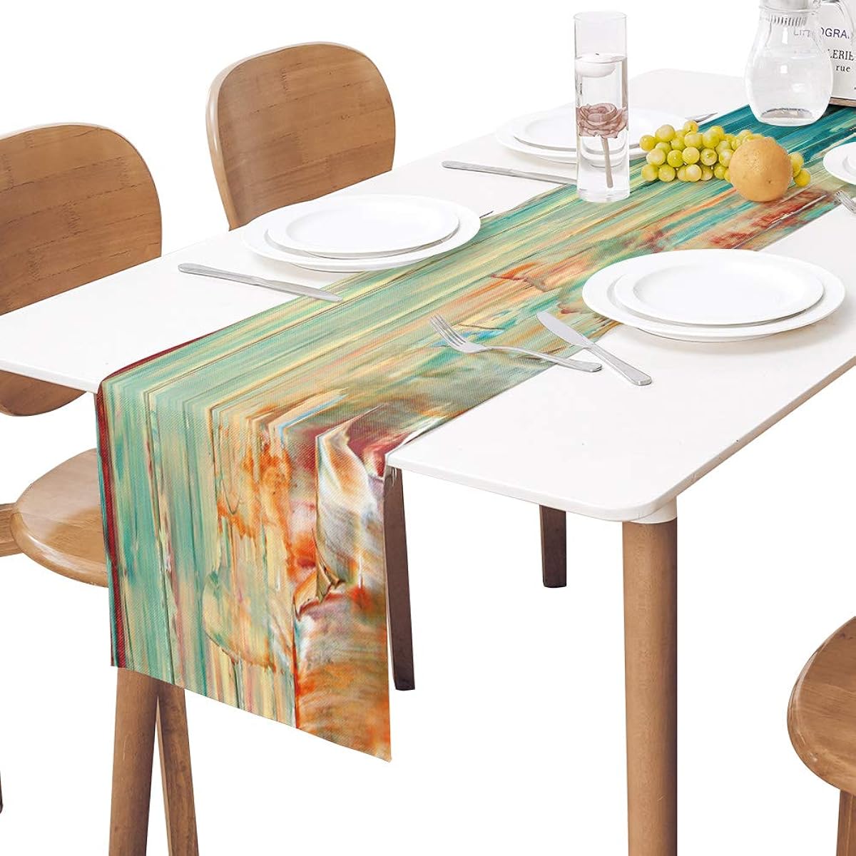 Modern Table Runner Cotton Linen Small 36 Inch Textured Abstract Oil Painting Dresser Scarf Farmhouse Table Runner for Kitchen Coffee/Dining Table Bedroom Home Living Room Holiday Dinner Scarf Decoration (13x90 Inch Green)