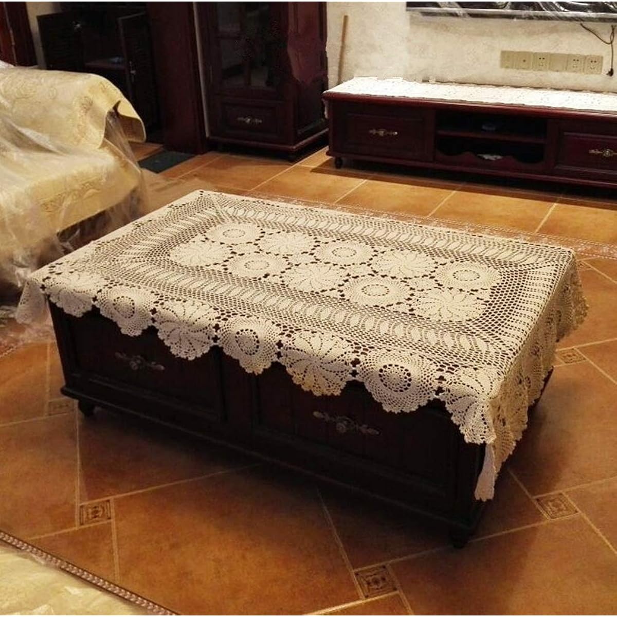 (Rectangle 130cm x 180cm (Beige)) - Ustide Rustic Floral Crochet Tablecloth Beige Cotton Lace Table Overlays 130cm x 180cm