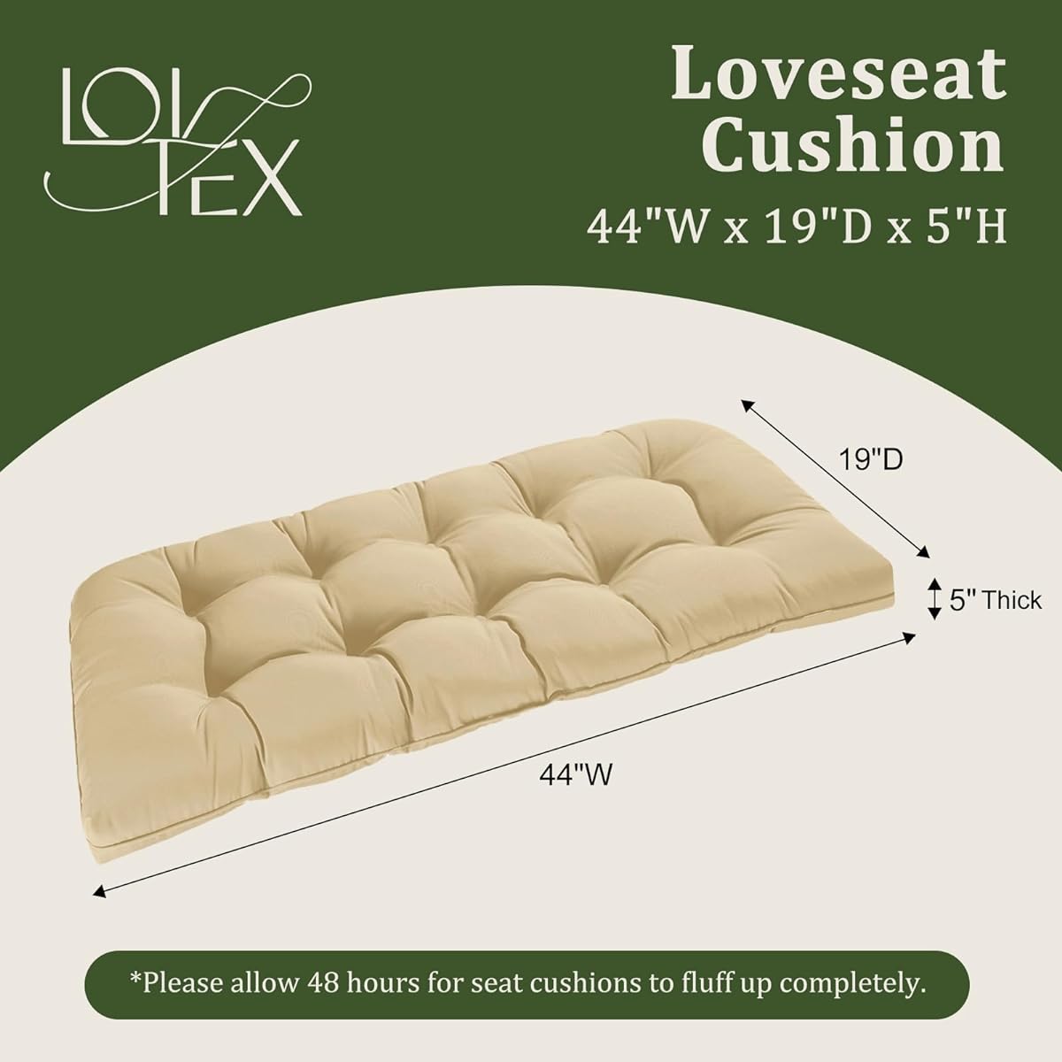 LOVTEX Tufted Bench Cushion for Outdoor Furniture, Waterproof 44" x 19" Patio Swing Cushion Khaki - Filled Indoor/Outdoor Loveseat Cushion with Round Corners