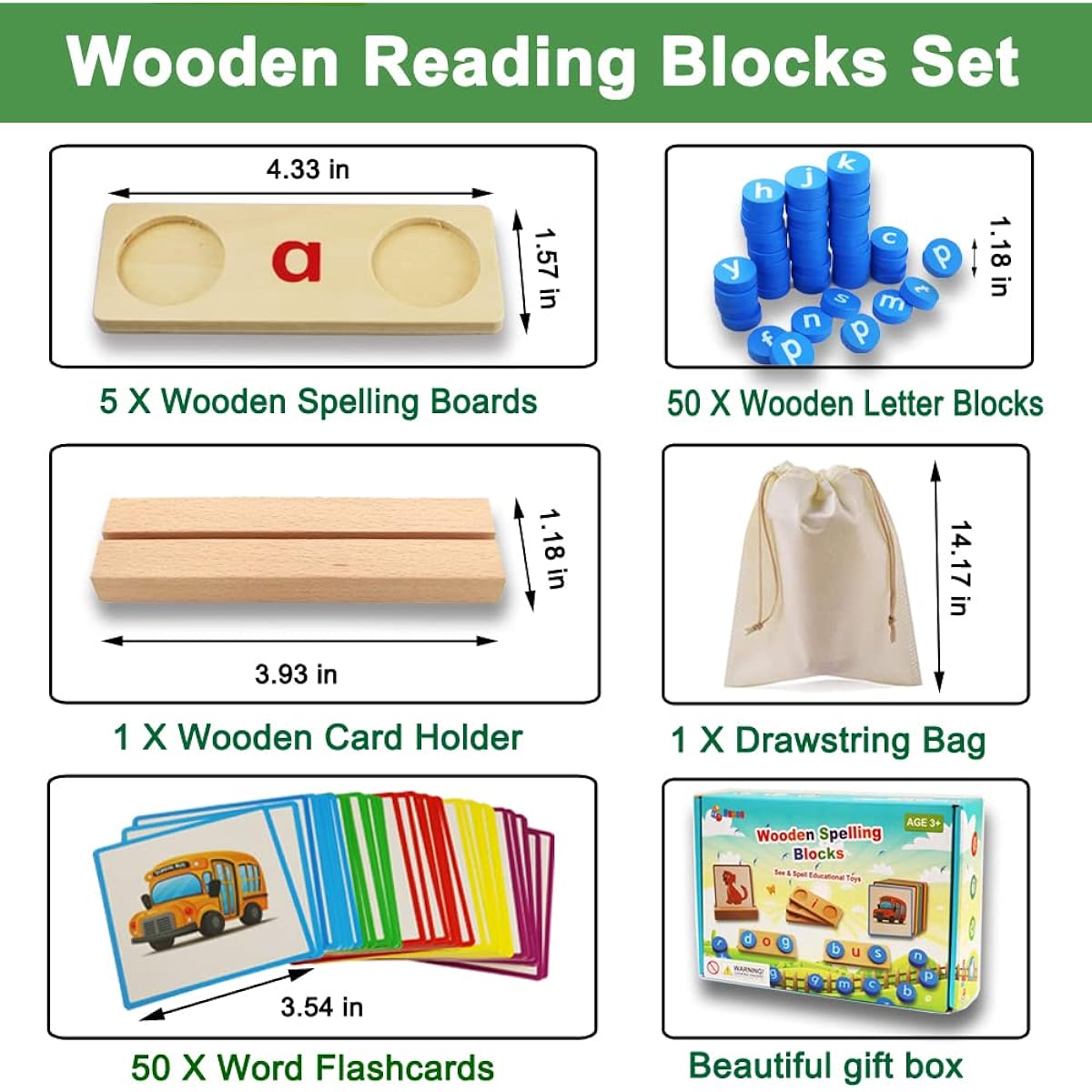 Kiouposy Wooden Reading Letter Spelling Blocks with 50 Double-Sided Flashcards