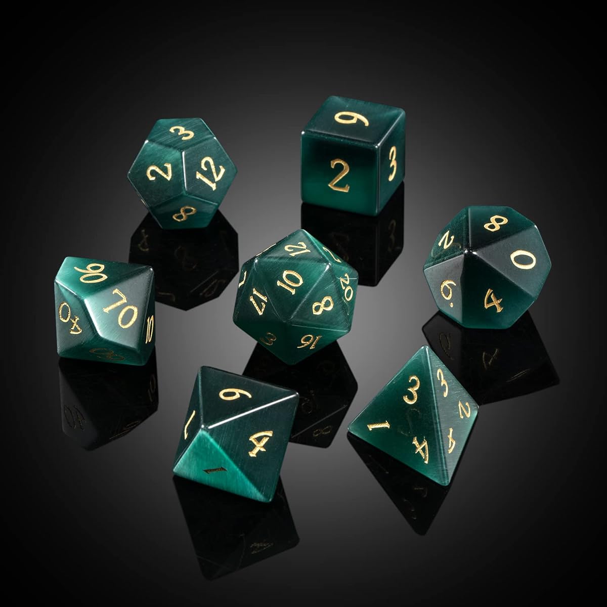 DNDND Cat's Eye Gemstone Dice 7 Pieces Green Stone Dice with Giant Gift Case for DND Dungeons & Dragons Tabletop Game (Green Cat's Eye)
