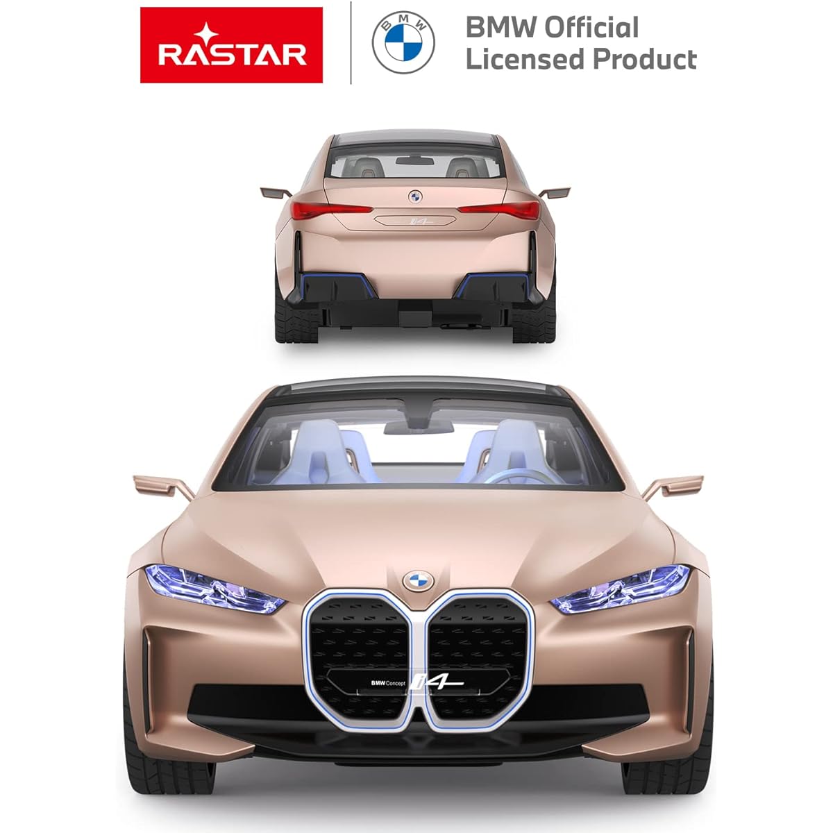 RASTAR 1/14 BMW i4 concept radio controlled car, RC model car, with LED interior lamp, headlights and tail lamps shine, left and right doors can be opened and closed manually, gold color