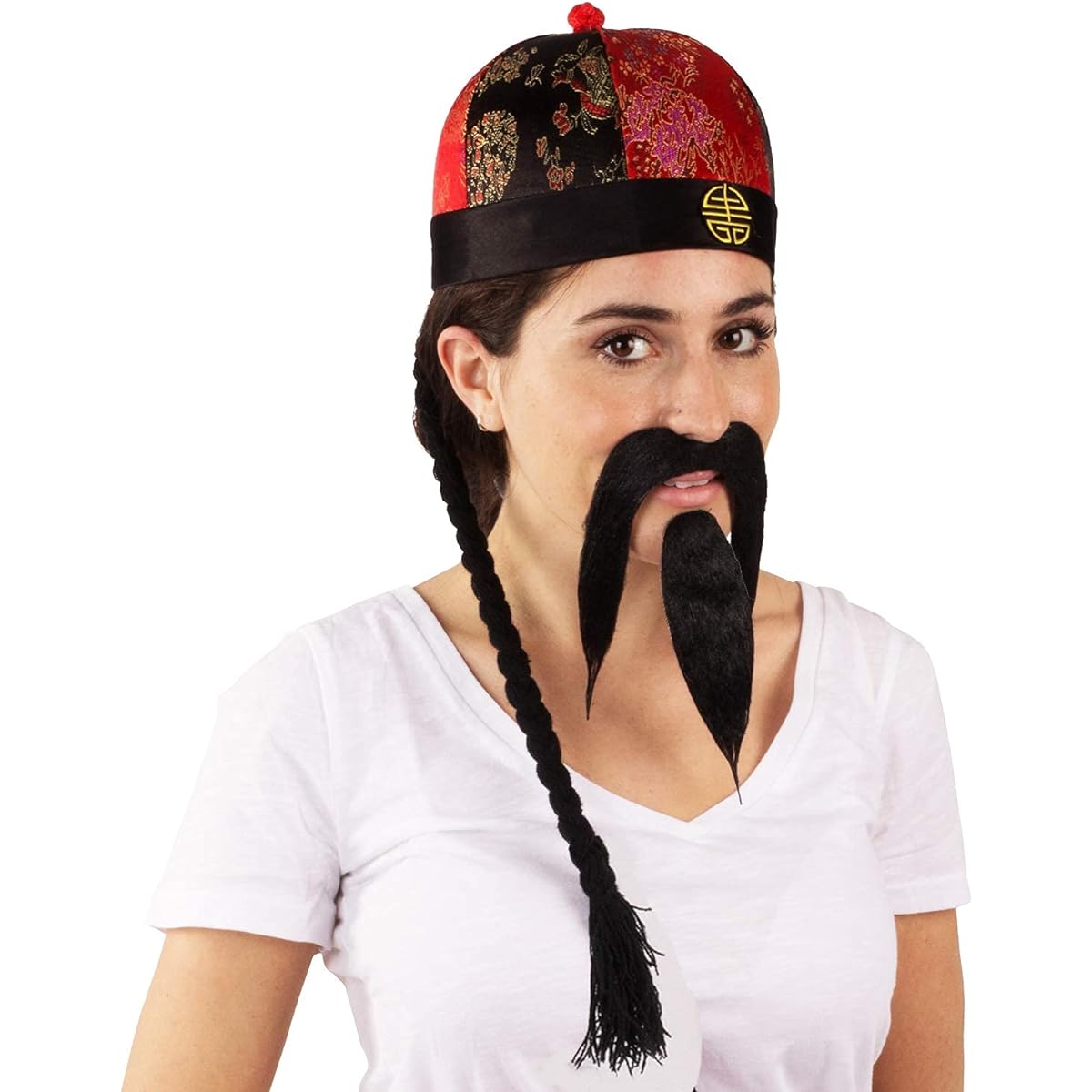 Tigerdoe Chinese Hat - Oriental Hat - Chinese Costume with Chinese Braids & Beard - Traditional Mandarin Hat - Samurai Hat - 3 Piece