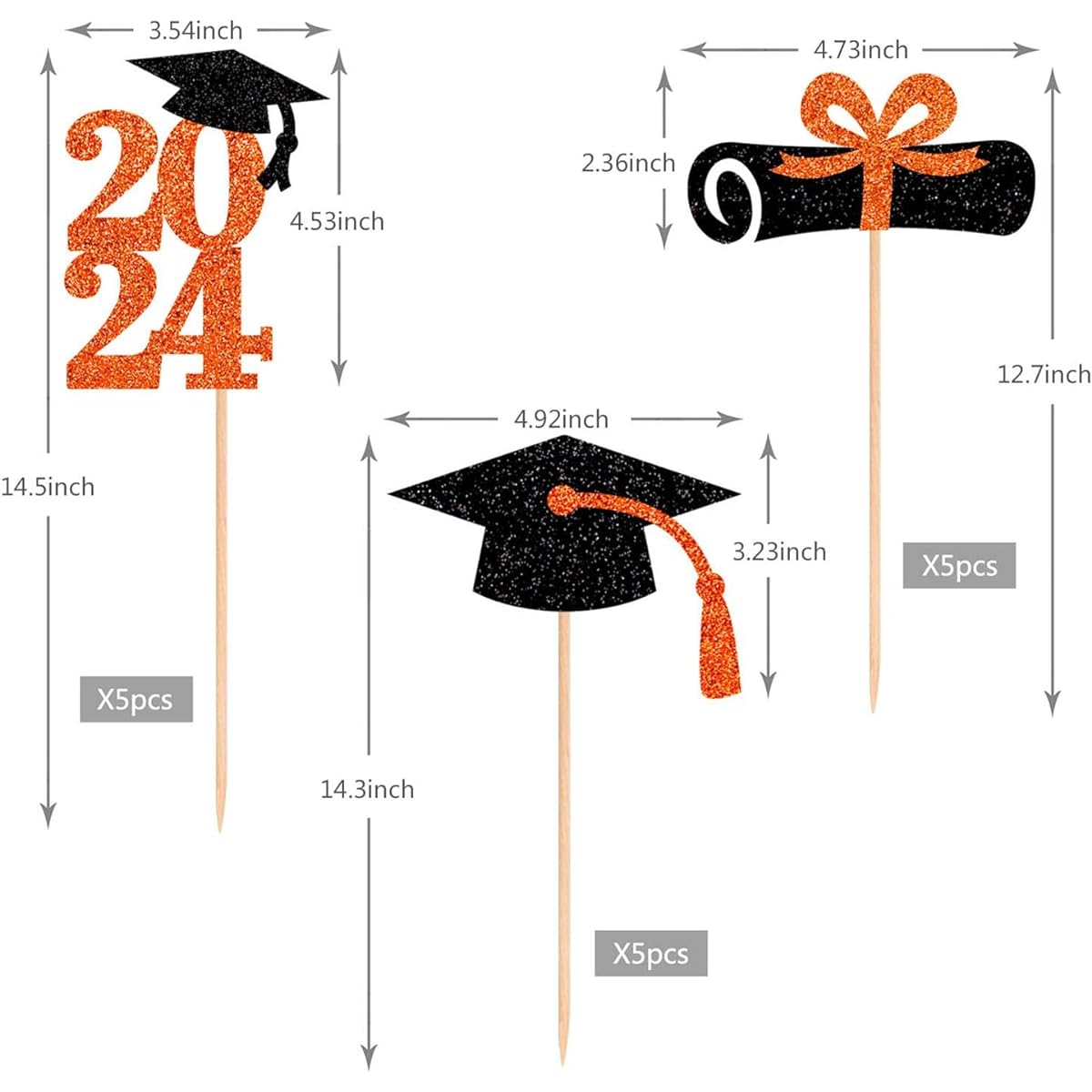 ALISSAR Double Sided Glitter 2024 Graduation Party Centerpiece Sticks Orange Pack of 15 - Table Toppers for 2024 Graduation Party Decorations Party Supplies (Orange)