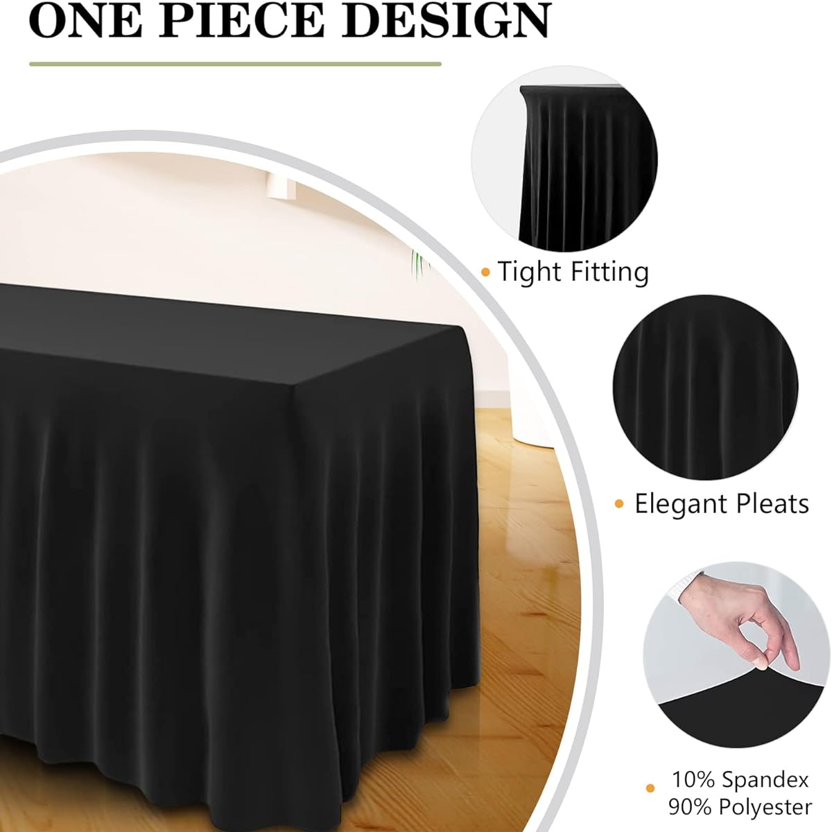 ManMengJi One Piece Table Cover Table Skirt for Rectangular Tables 6ft Spandex Fitted Tablecloth with Ruffle Skirt for Wedding Banquet Party Vendors (Black 2 Pack)