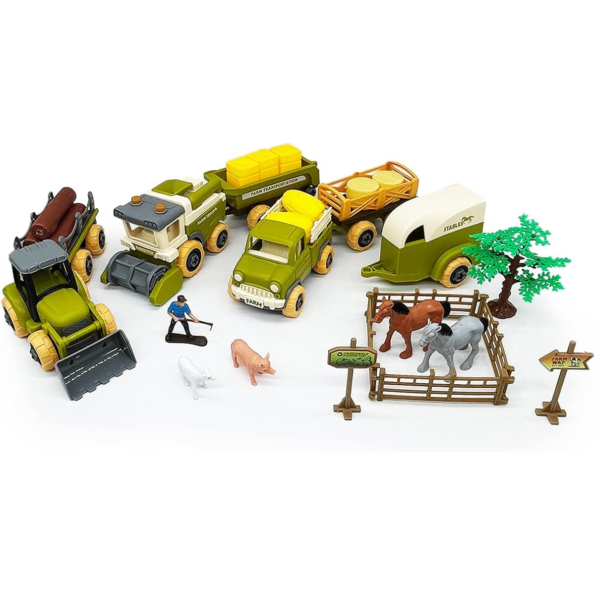 Take Apart Kids Farm Toy Tractor Trailer Truck Vehicle Playset Grain Loader Harvester Pickup Tow Truck Towing Log Transport Horse Figures 35 Pieces Plastic Faming Toy Vehicle Model Car Boys Gift