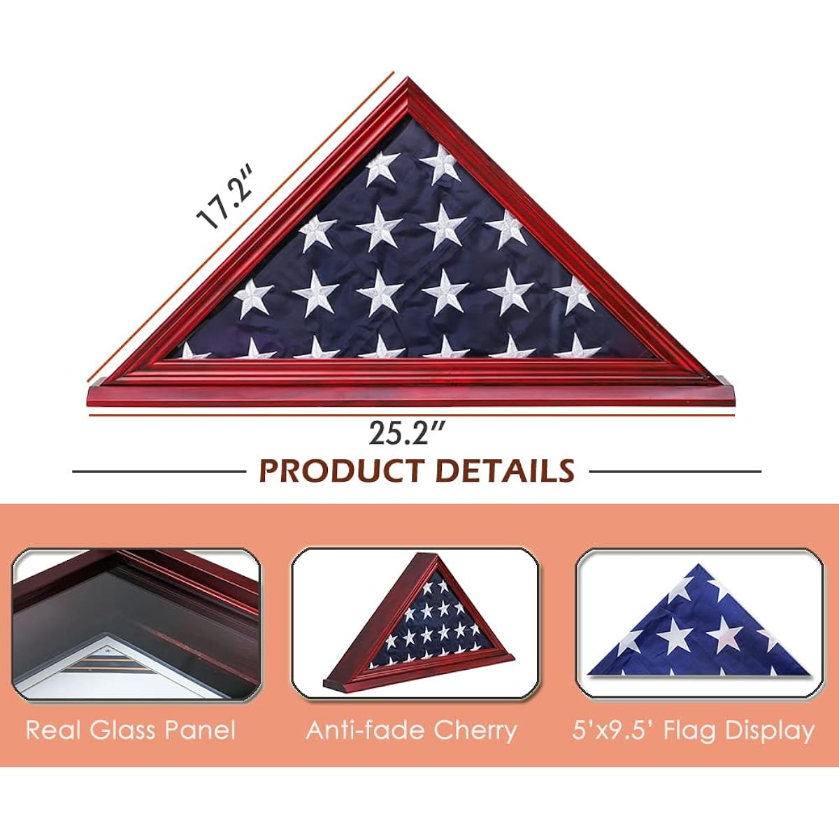 Flag Display Case Triangle Military Shadow Box with Flat Base 5'x9.5' US Veterans Burial Memorial Funeral Flag Real Glass Front Wall Mountable Solid Wood Military Flag Case Cherry