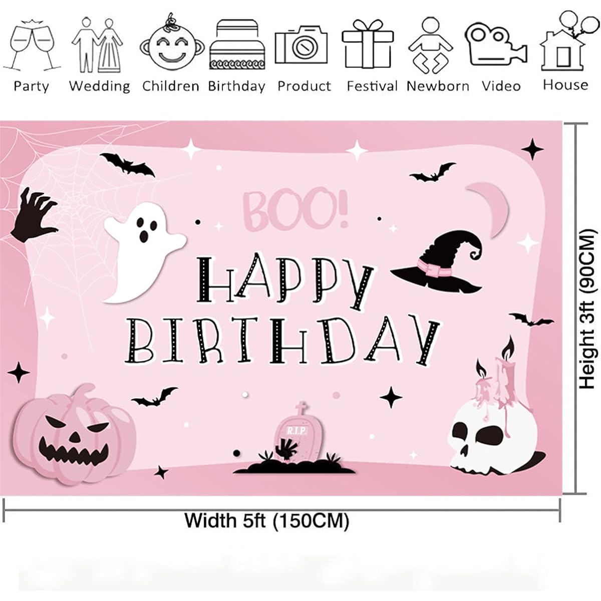 Pink Halloween Birthday Party Decorations Halloween Happy Birthday Background Extra Large Pink Halloween Birthday Banner for Girls (Pink 2)