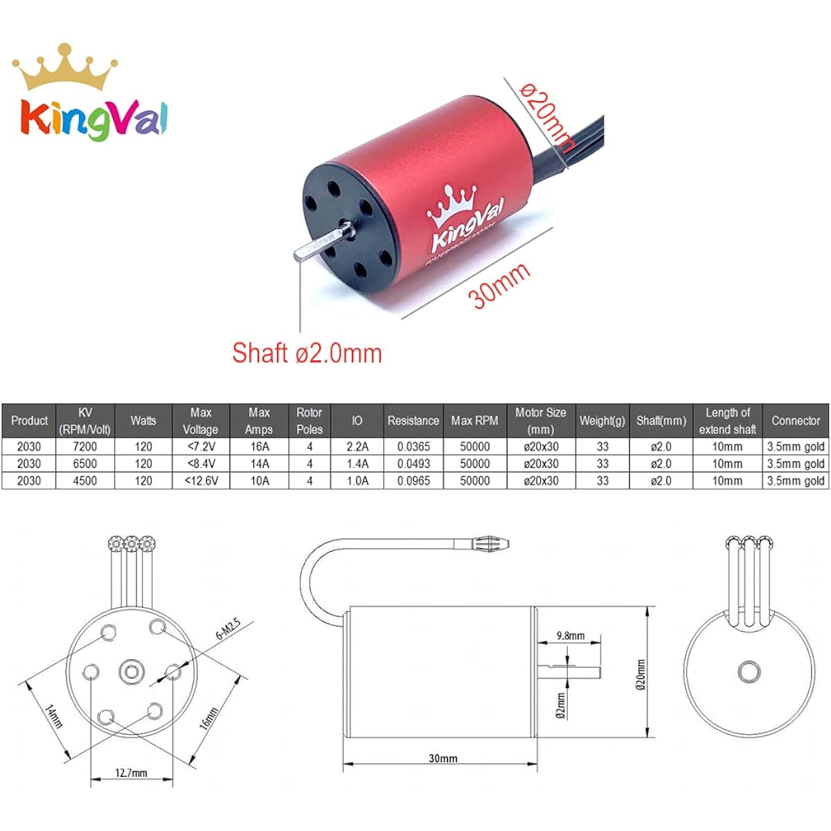 KingVal Replacement 2030 7200KV Waterproof Brushless Motor Shaft 2mm Compatible with 1/18 1/20 RC Car