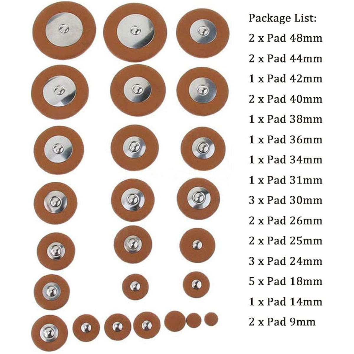 Jiayouy 25 Piece Leather Pad Alto Saxophone Pad Replacement Set Saxophone Repair Parts Brown 9mm~48mm