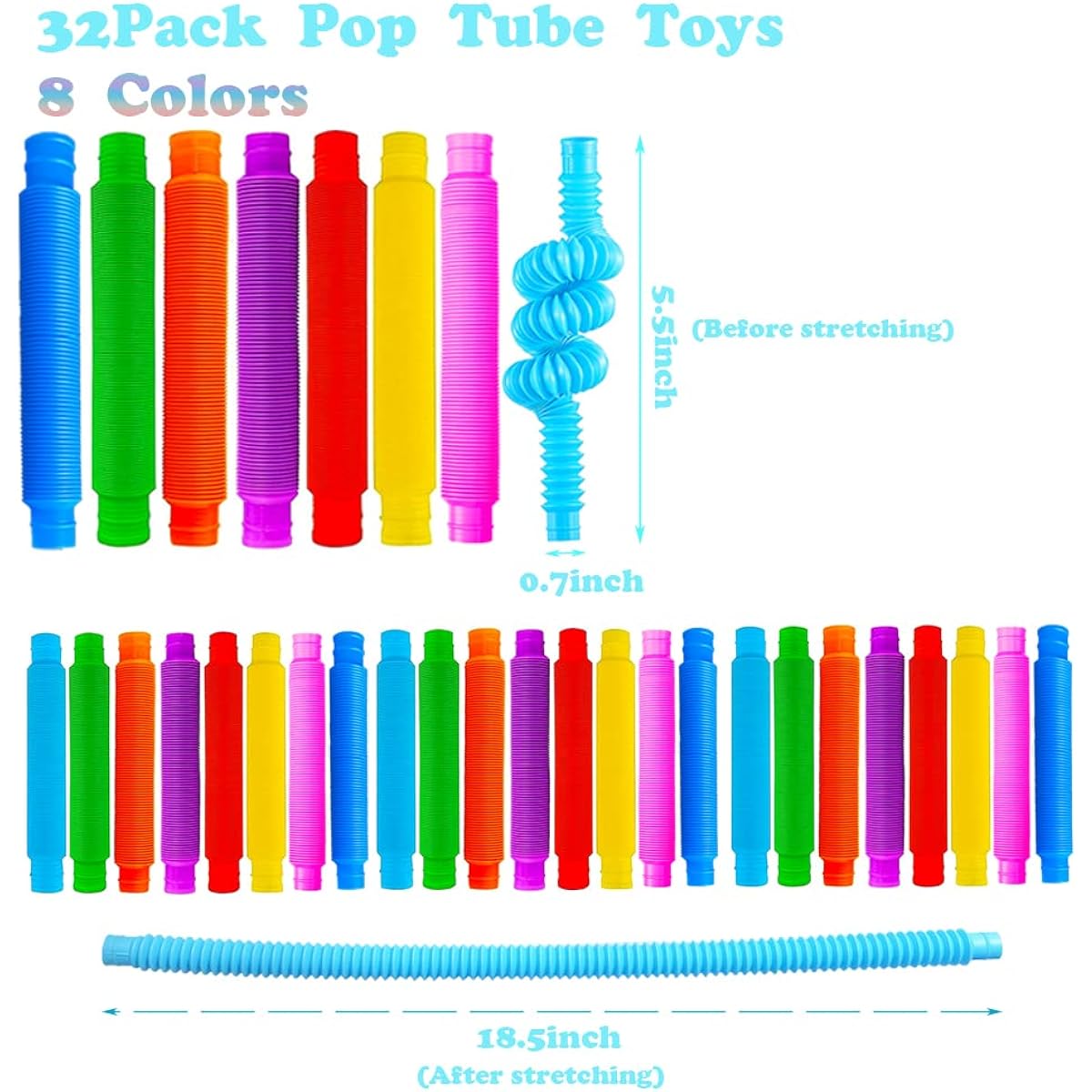 32Pack Pop Tubes, Fidget Tubes for Children and Adult Sensory Fidget Toy Set for Stress and Anxiety Relief Educational Learning Toys for Kids