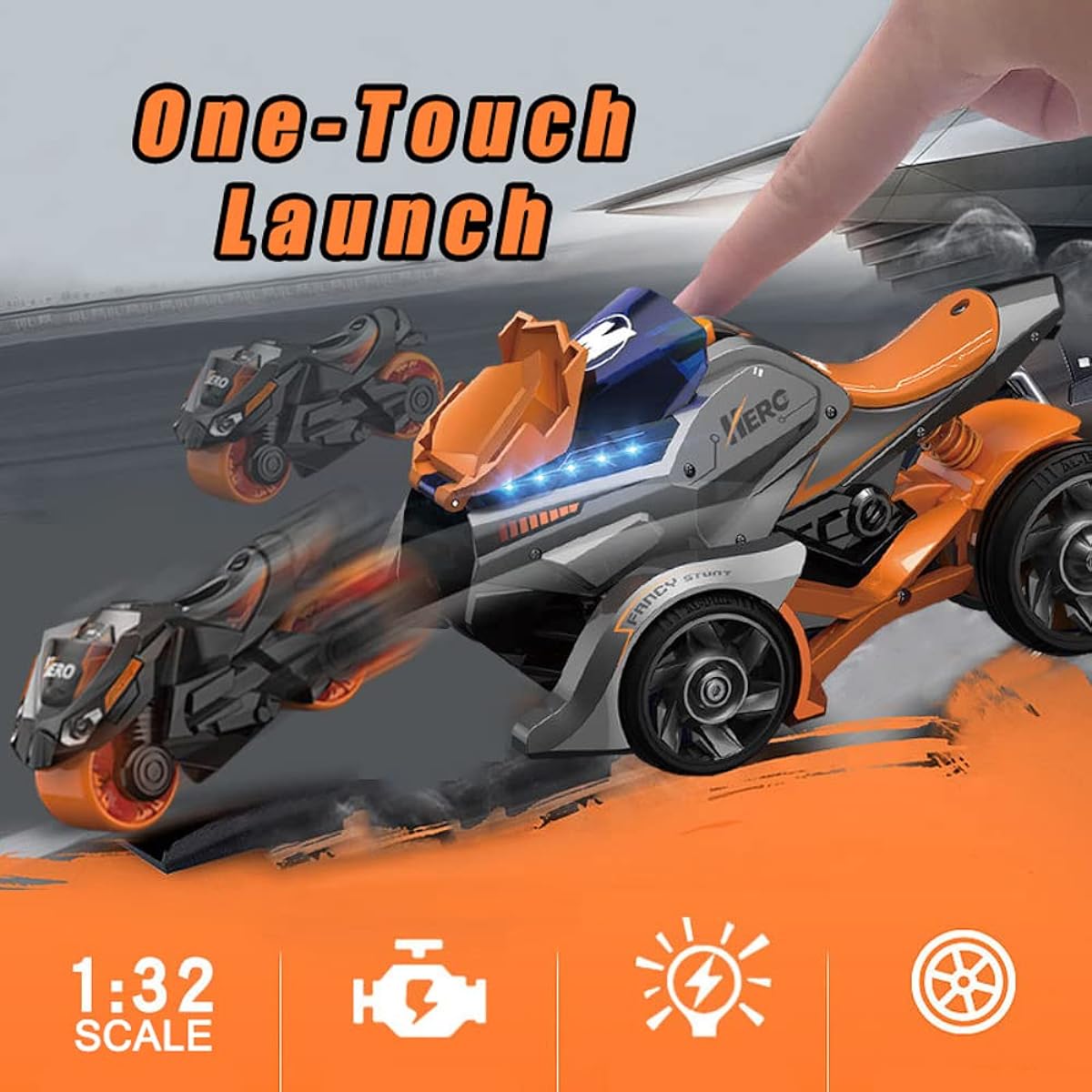 STONESTAR Pullback Bike Toy 3-in-1 Alloy Die-Cast Motorcycle Launcher Toy with Sound & Light Trinity Chariot Catapult Toy Car Birthday/Christmas Gift for Boys/Girls Ages 3 and Up (Orange)