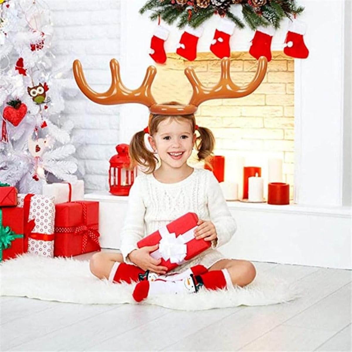 GemDeck Inflatable Reindeer Antlers Hat Ring Toss Game Christmas Party Games Headband Party Decorations Family Games for Classroom Indoor 2 Antlers & 1 8 Rings 1 Inflator