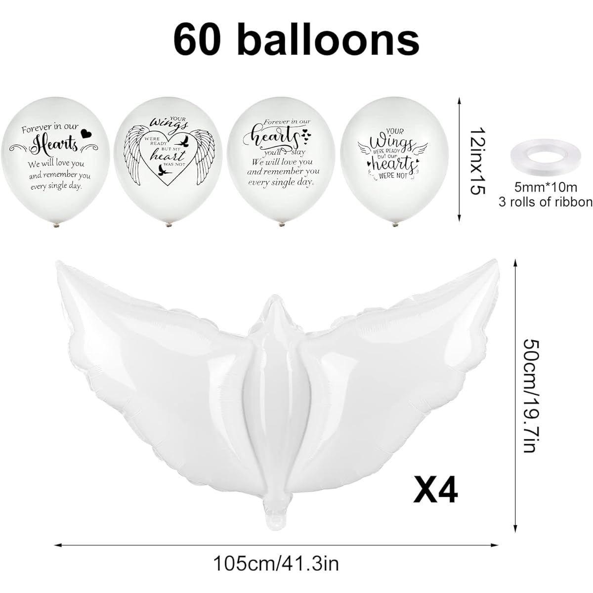 Auidy_6TXD 64 Pieces White Memorial Balloon Peace Dove Balloon Funeral Balloon Pigeon Bird Balloon White Latex Balloon 12 Inch 3 Rolls White Balloon Ribbon for Funeral Decoration