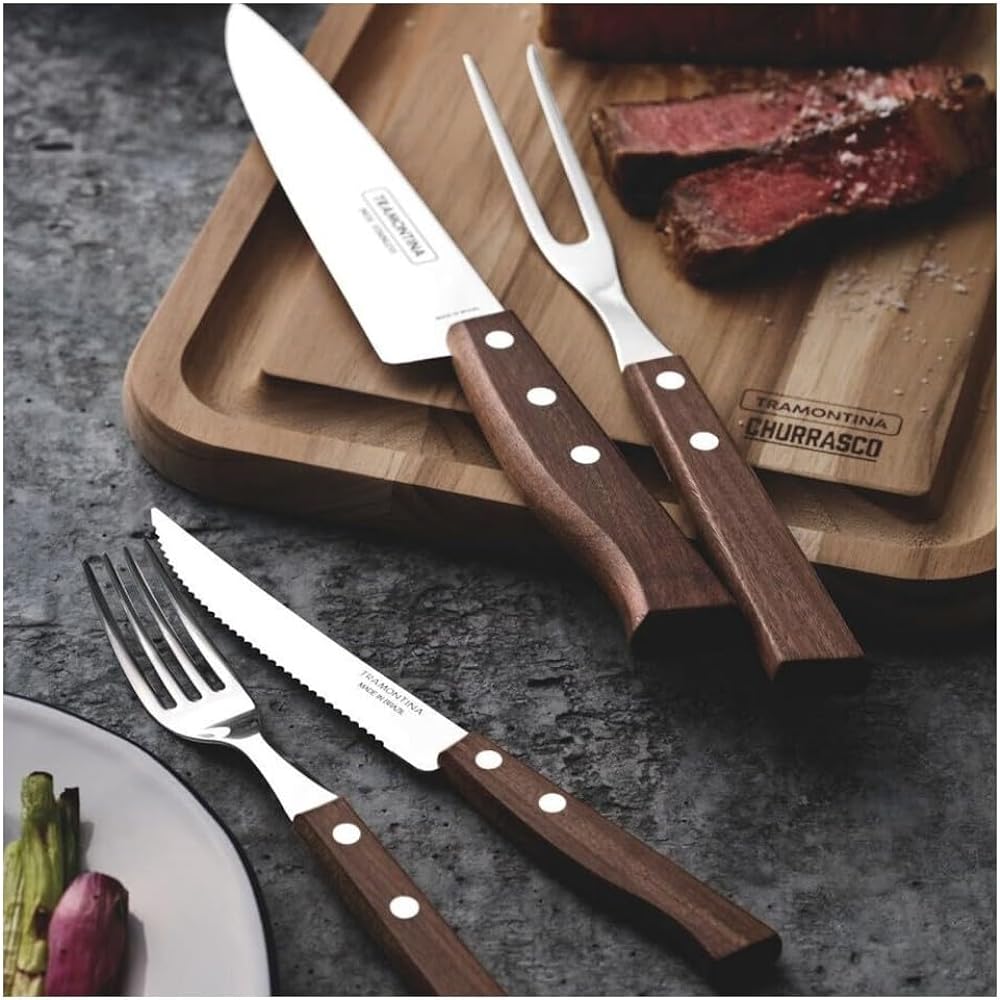 Tramontina Traditional Heavy Duty Natural Wood Handle Steak Knife 21cm & Table Fork 19cm Set of 12 3 Degree Heat Treated Knife Boxed Durable Lightweight Made in Brazil 22299/002 TRAMONTINA