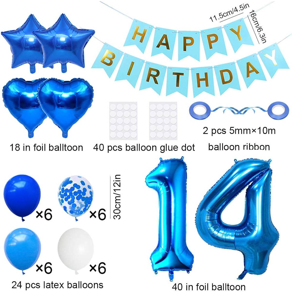 Huture 14 Birthday Party Supplies Blue Number 14 Foil Balloon Happy Birthday Banner Kit 14th Birthday Decorations White Blue Latex Confetti Balloons Foil Star Balloons Best Gift for Girls/Boys Birthday
